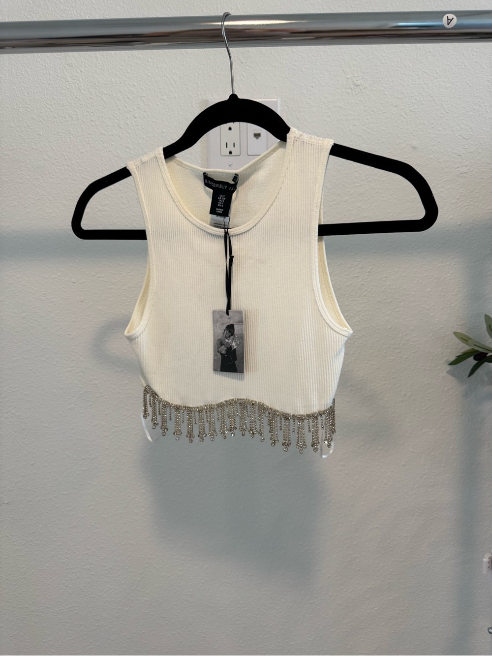 Sincerly Jules Cream Ribbed Crop Tank with Metallic Chain Fringe